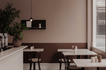 A warm and inviting coffee shop interior featuring minimalist decor and soft lighting. The cozy ambiance is enhanced by natural elements, creating a relaxing and welcoming atmosphere.