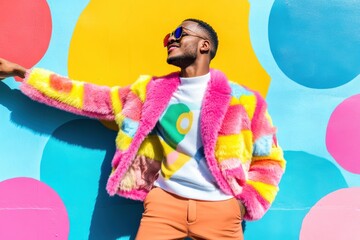 Colorful fashion portrait, vibrant style, man wearing eco-friendly colorful jacket, sustainable fashion trends, ethical clothing concept