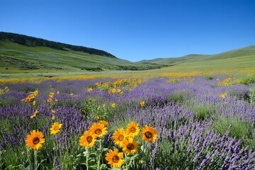 Obraz premium Fields of lavender and sunflowers