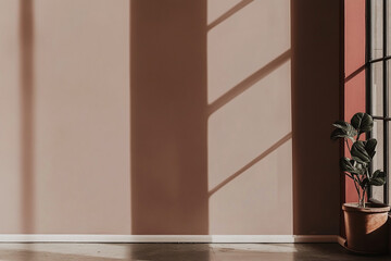 Fototapeta premium Minimalistic interior, mocha mousse wall with light and shadow from the window. Flower pot next to the window.. Copy space.