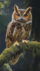 Fototapeta premium Majestic Owl Perched on Mossy Branch