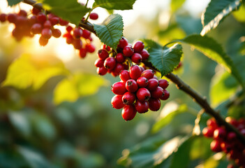 Obraz premium Ripe red coffee berries growing on a coffee plant branch with green leaves