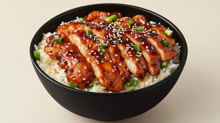 A delicious bowl of teriyaki chicken served over rice, garnished with green onions and sesame seeds, showcasing vibrant colors and appetizing presentation.