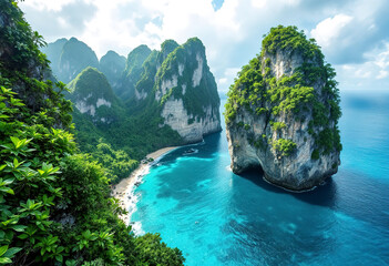 Towering limestone cliffs rising from the turquoise waters of a tropical bay, surrounded by lush...