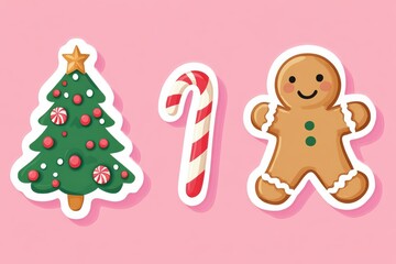 Cute Christmas sticker collection with gingerbread men and decorated Christmas tree on a pink background