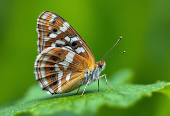Obraz premium A brown and white butterfly with intricate wing patterns resting on a green leaf against a blurred green background