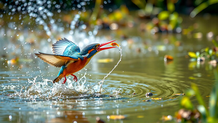 Colorful Kingfisher Diving Into A Pond