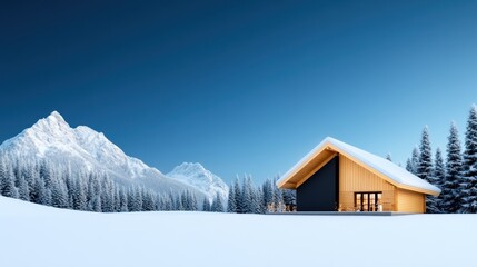 Naklejka premium Cozy mountain cabin surrounded by snow-covered landscape and trees.