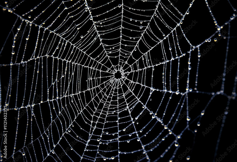 Wall mural a close-up view of a spider web covered in dew drops, creating a intricate and delicate pattern agai
