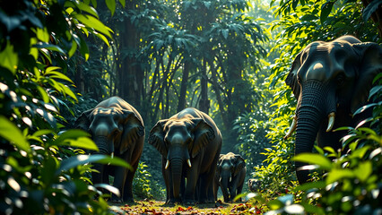 Family Of Elephants Walking Through A Lush Green Jungle