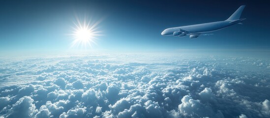 Airplane flying above a sea of clouds with the sun shining in the sky.