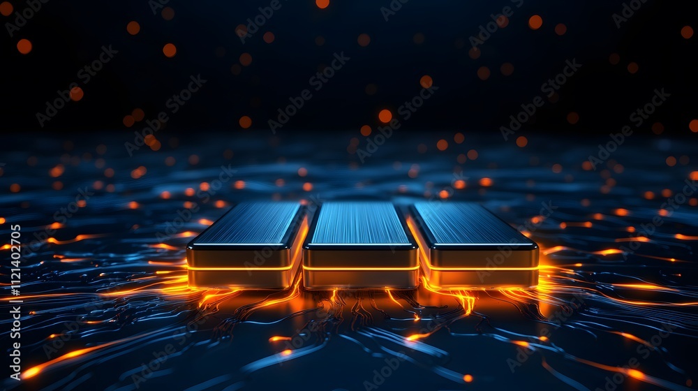 Poster A glowing metallic block sits on a dark, shimmering surface, surrounded by floating sparks and an ethereal glow, creating a futuristic atmosphere