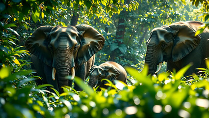 Family Of Elephants Walking Through A Lush Green Jungle