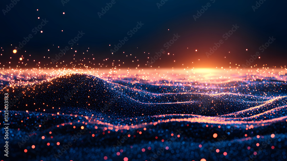 Poster A mesmerizing landscape of glowing waves illuminated by a warm sunset, creating a magical interplay of light and texture
