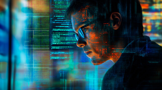 A focused individual working on coding with multiple computer screens displaying programming data.