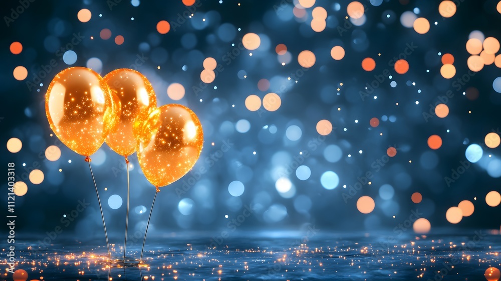 Poster three golden balloons float against a sparkling blue background, creating a festive and celebratory 