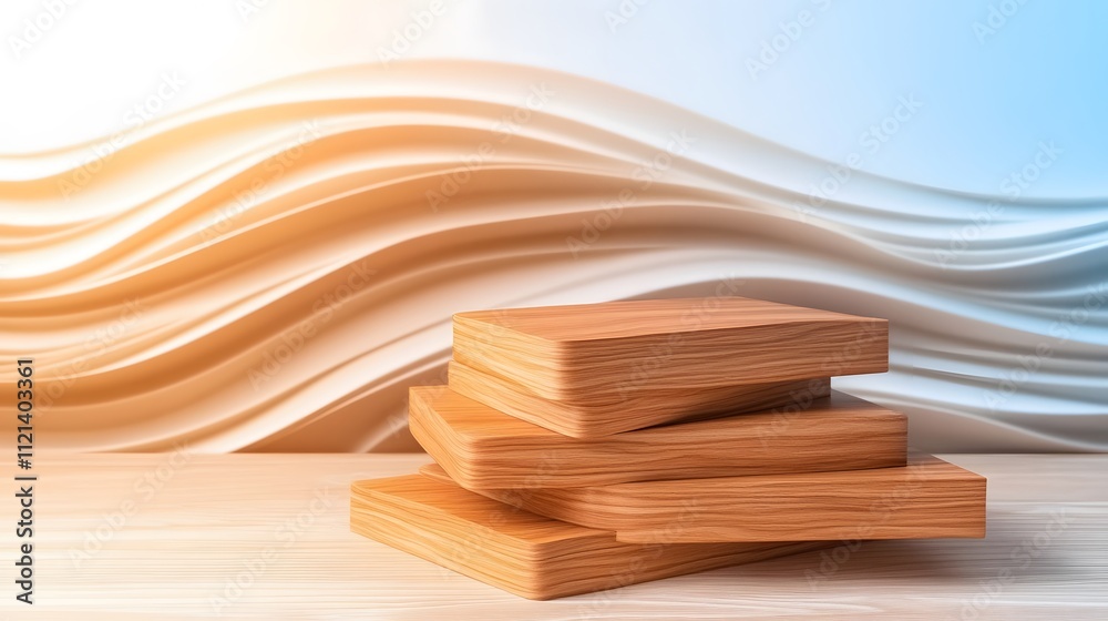 Poster a serene composition featuring stacked wooden blocks against a backdrop of soft, flowing paper waves