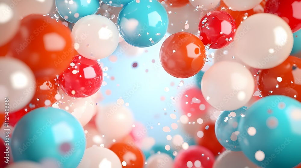 Poster a vibrant explosion of colorful spheres in shades of blue, red, white, and orange, creating a playfu