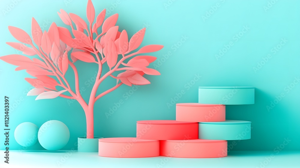 Poster a vibrant scene featuring a coral tree and pastel-colored geometric shapes against a turquoise backg