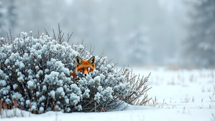 Striking Red Fox Peeking Out From Behind A Bush
