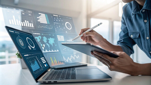 An analyst uses a computer and dashboard for data business analysis and Data Management System, Customers database, gather information to report. Data science technology and digital marketing