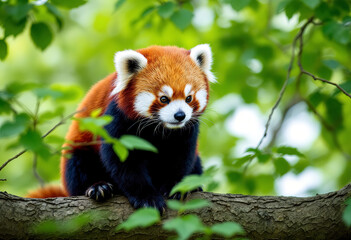 A red panda sitting on a tree branch surrounded by green foliage