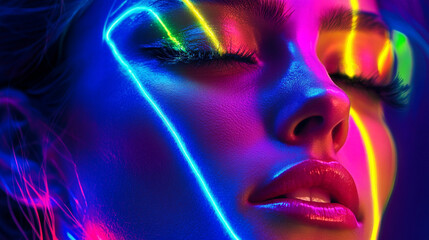 Fototapeta premium Vibrant colors illuminate a woman's face in a stunning artistic expression of light and beauty