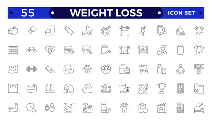 Weight Loss icon set. Containing healthy lifestyle, weight training, body care and workout or exercise equipment icons.