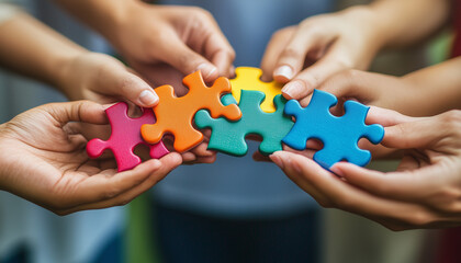 hands holding jigsaw puzzle. concept for team work