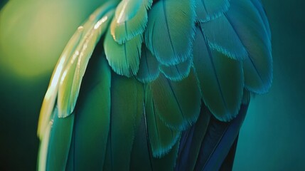 Fototapeta premium Glimmering feathers of a parrot resemble iridescent scales, showcasing an extraordinary palette of emerald hues and textures.