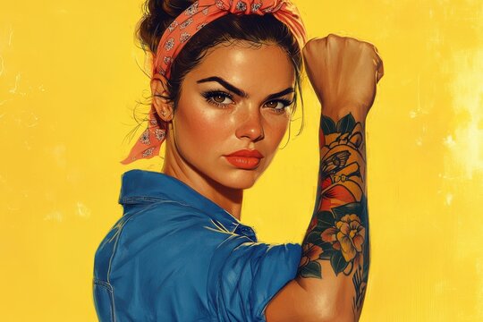 Empowered woman poses confidently in front of a vibrant yellow background, evoking strength and determination with a modern Rosie the Riveter style. Her vivid tattoo enhances her bold expression.