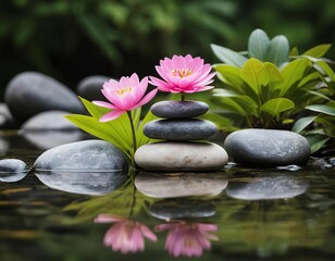 Fototapeta premium Tranquility in Nature: Lotus Flowers and Stones in a Peaceful Pond