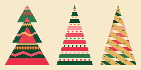 Winter new year set: three geometric christmas trees. Doodle vector hand drawn illustration in green, yellow, pink, beige, orange colours for cards, banners, wallpaper, textile, background