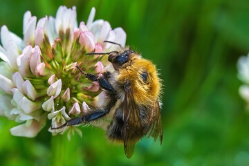 Closeup of bumblebee sitting on white flower
