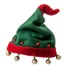 A Christmas elf hat with bells and red trim, isolated on transparent background