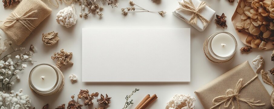 Top view of a blank A5 card surrounded by rustic gifts and natural elements, evoking a minimalist and organic theme. Perfect for eco-friendly designs and sustainable messages.