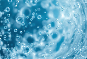 Numerous transparent water droplets or bubbles floating in a blue-tinted liquid or water, creating a serene and ethereal atmosphere