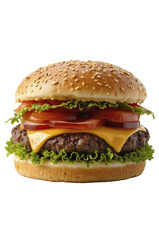 Cheeseburger with beef patty, lettuce, tomato, and melted cheese, transparent isolated png