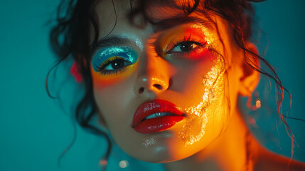Fototapeta premium Colorful artistic makeup enhances a model's features in a creative studio setup