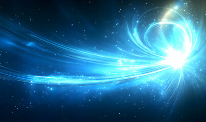 Abstract blue light streaks and glowing particles, resembling a cosmic nebula or energy burst, ideal for futuristic or technological designs.