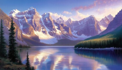 Serene mountain lake reflecting the majestic snow-capped peaks at dawn; breathtaking landscape photography.
