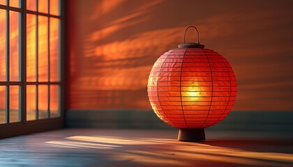 Obraz premium Minimalist Decor with Red Paper Lantern Stand and Window Light