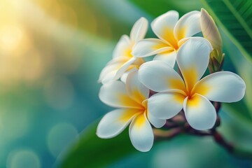 Fototapeta premium close-up of white and yellow frangipani flowers