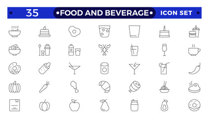 Food and Beverage outline icon set. Containing fork, spoon, knife, plate, cloche, tray, chef hat, beverage, food, dining table, and waiter. Cutlery or tableware in restaurant.