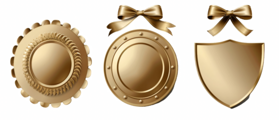 Three golden awards with ribbons.