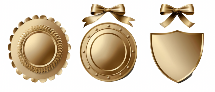 Three golden awards with ribbons.