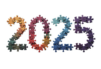 2025 formed from colorful jigsaw puzzle pieces, transparent isolated png