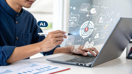 Marketing plan and strategies to target customer. Businessman touching on screen for the buyer persona. customer behavior analysis concept. Personalization marketing, customer-centric strategies.