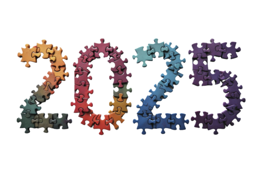 2025 formed from colorful jigsaw puzzle pieces, transparent isolated png