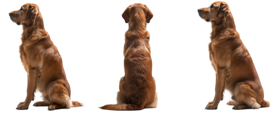 Three Golden Retriever Dogs Sitting in Different Views.